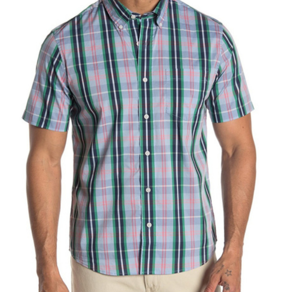 TAILOR VINTAGE Blue Plaid Stretch Shirt (Small)